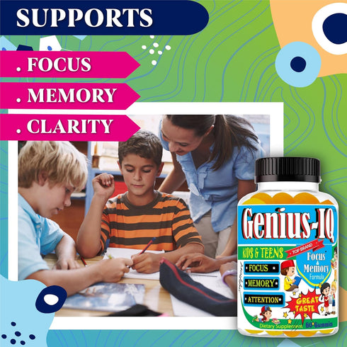 Genius IQ Kids Brain Supplements for Memory and Focus, Omega 3-6-9 Gummy Vitamins, 60 Gummies