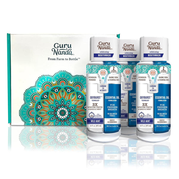 GuruNanda Dual Barrel Oxyburst Whitening Mouthwash, 3x20 Fl Oz, Alcohol & Fluoride Free with Natural Essential Oils