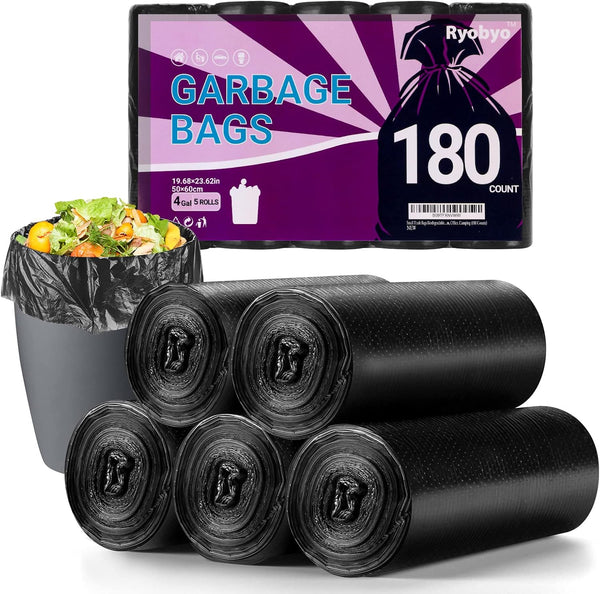 Ryobyo Ultra Thick Black Small Trash Bags, 4 Gallon, Unscented, 180 Counts, Protect Your Privacy for Kitchen Bathroom