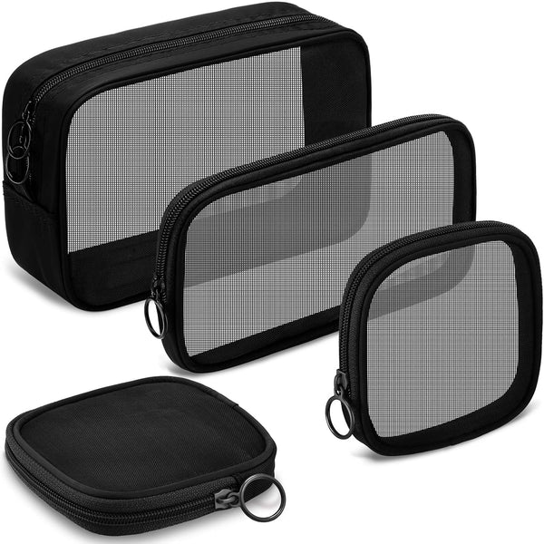 Weewooday 4 Pcs Mesh Makeup Bag, Travel Toiletry Pouch with Zipper, Black, Small, Large, Medium