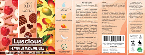Set Pack 3 1.69 OZ x3 Dude's Love Luscious Flavored Massage Oil - of - Organic - Chocolate, Apple Cinnamon, Mango