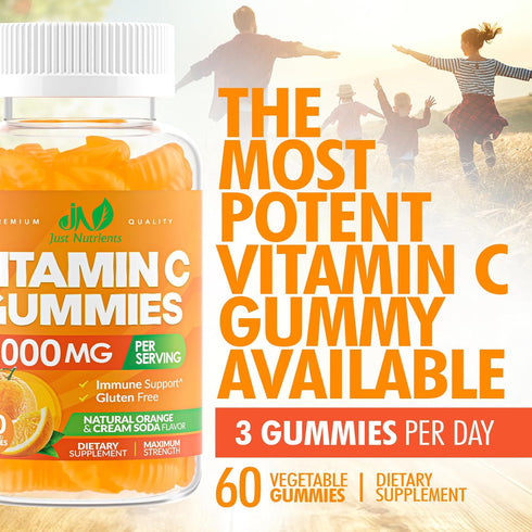 Vitamin C 1000mg Gummies for Adults & Kids - Immune & Collagen Support with Zinc, 60 Gummies