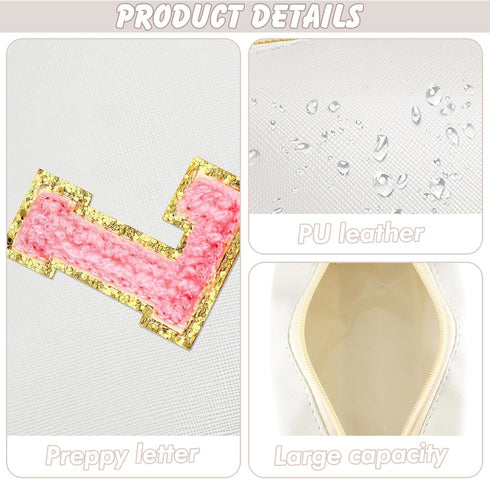 Initial Makeup Bag Personalized Preppy Travel Small Cosmetic Bag, Cute PU White Chenille Letter Pouch for Women