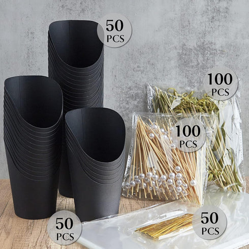 Ocmoiy 14 oz (50 200 50 Charcuterie Cups with Sticks and Bags, Black Disposable Kraft Paper Appetizer Cups, Individual