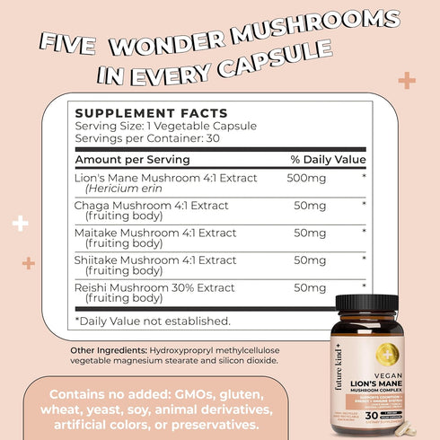 Future Kind Vegan Lion's Mane Mushroom Complex - Brain Supplement Capsules with Chaga, Maitake, Shiitake, Reishi (30ct)