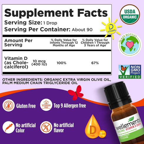 Wellements Baby Organic Vitamin D Drops – Certified Liquid Vitamin D3 for Infants & Toddlers (0.15 Fl Oz)
