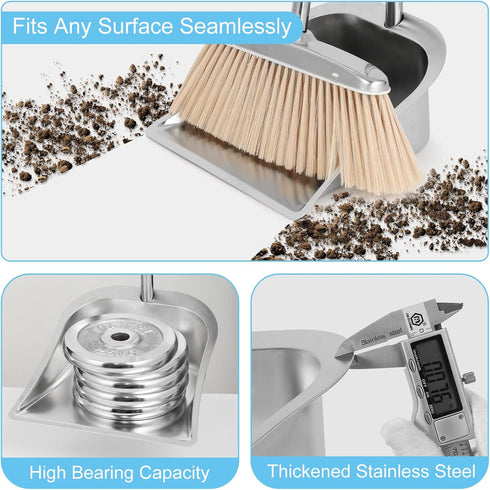 Stainless Steel Broom and Dustpan Set for Home, Heavy Duty Long Handle Dustpan Broom Set for Indoor Outdoor Kitchen Use