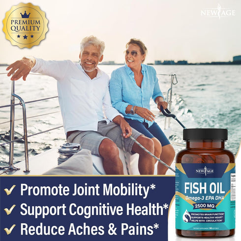 NEW AGE Omega 3 Fish Oil 2500mg Supplement, 90 Softgels - Immune & Health Support, Non-GMO, EPA, DHA