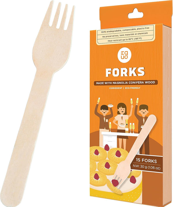 EQUO Wooden Disposable Forks, Pack of 15, Plastic-free, Home-compostable Utensils for Parties and Events