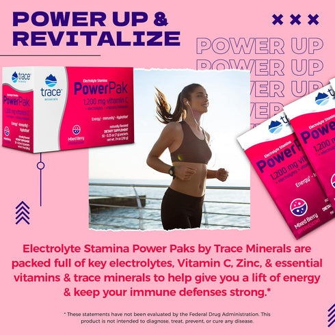 Trace Minerals Power Pak Electrolyte Powder Packets, 1200 mg Vitamin C, Zinc, Magnesium, Mixed Berry, 30 Packets