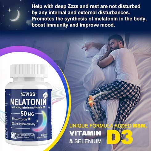 Melatonin 50 mg for Adults - Fast Dissolve Chewable Sleep Supplement with Vitamin D3 & MSM, 120 Servings for Deep Sleep