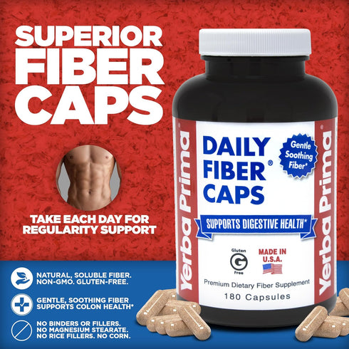Yerba Prima Daily Fiber Caps, 180 Capsules, Soluble & Insoluble Dietary Fiber Supplement for Gut Health