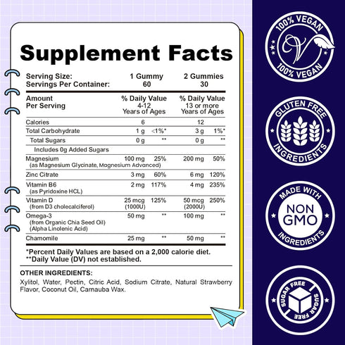 Gummies-Magnesium Gummies Omega-3, B6, D3 2 Pack Kids Magnesium Glycinate for Kids Supplement-w/Zinc, Chamomile