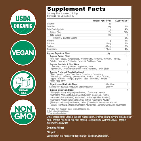 COUNTRY FARMS Organic Super Greens Chocolate Flavor - 50 Organic Super Foods, USDA Organic Drink Mix, Packed with