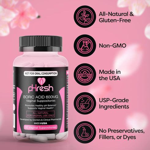 pHresh Boric Acid Suppositories for Women, Suppositories for Odor Use, Natural Feminine Care Supports Vaginal Health