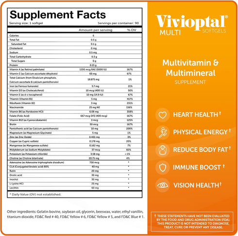 BOMUCA Vivioptal Multi Multivitamin & Multimineral Supplement, 90 Softgels, Gluten Free