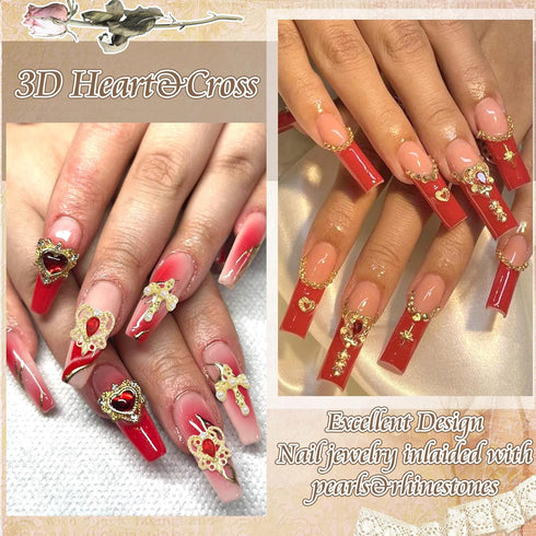 RODAKY 120PCS Gold Nail Charms, 3D Heart Crystal Rhinestone Rose Charms for Luxury Nail Decoration