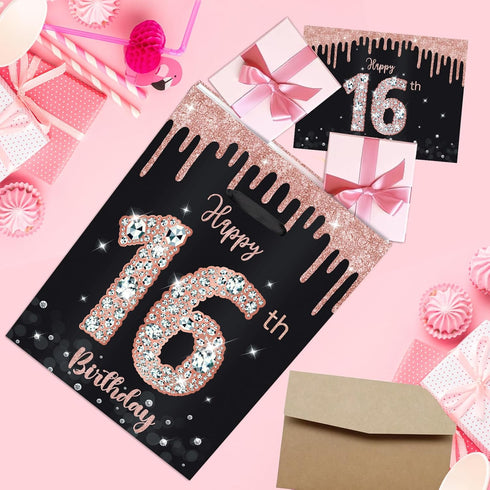 SUNDECO 16 16th Sweet Birthday Gift Bag - Large Rose Gold and Black Party Decorations with Tissue Paper, Birthday Card