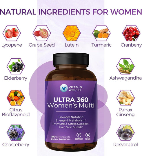 Vitamin World Ultra 360 Multivitamin for Women, with Herbs & Collagen for Hair, Skin & Nails, 180 Caplets