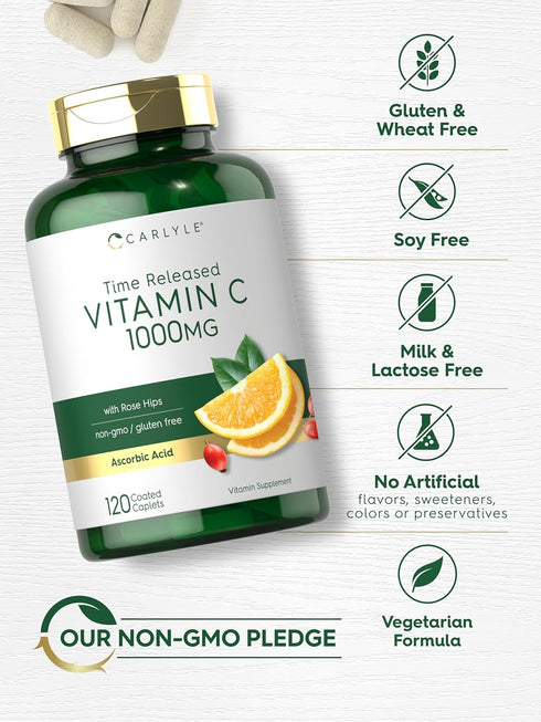 Carlyle Vitamin C 1000mg, Timed Release, 120 Vegetarian Caplets with Rose Hips, Non-GMO & Gluten Free Supplement