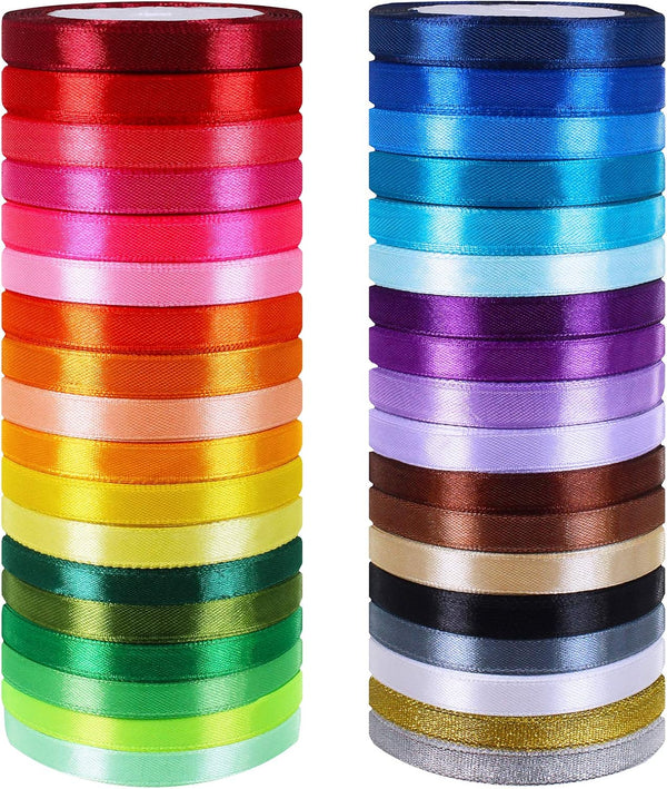 Winlyn 36 Colors 900 Yards Fabric Ribbons, Satin Ribbons, Metallic Glitter Rolls for Floral Bouquet Gifts Crafts Bows