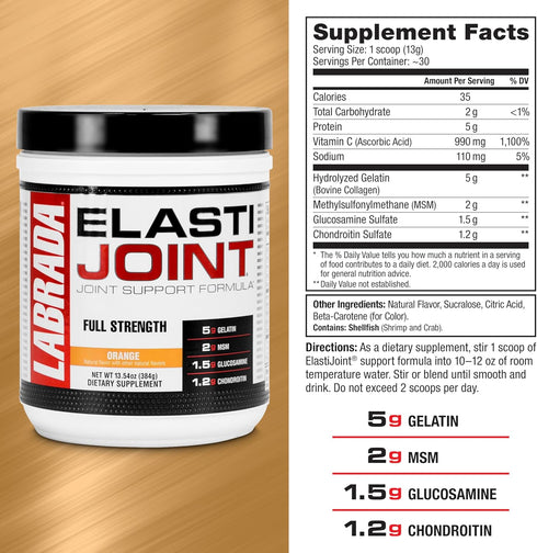 Labrada Nutrition Elastijoint, Orange Flavor, Glucosamine Joint Support Supplement Powder for Men & Women