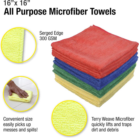 300GSM Microfiber Towel 16 x 16 Inches, 12 Pack: Auto Detailing and Home Cleaning in 4 Colors