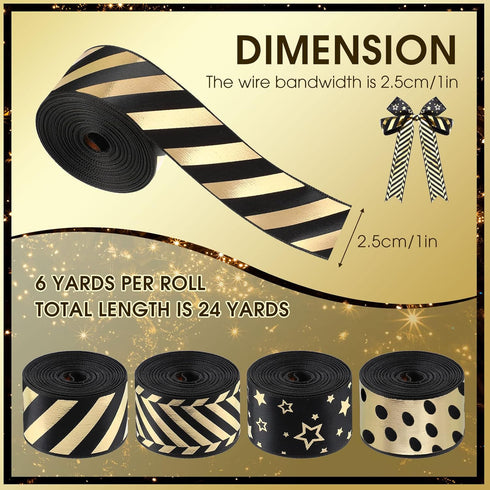Shappy 4 Rolls 1 Inch Graduation Ribbon Striped Wrapping Bronzing Grosgrain Fabric Ribbons Black and Gold Ribbon DIY Craft for School Graduation Gifts Wrapping Craft Supplies by Shappy