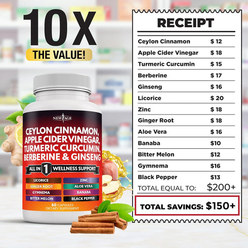 Ceylon Cinnamon 3000mg, Turmeric 3000mg, Apple Cider Vinegar 3000mg & More - 120 Count