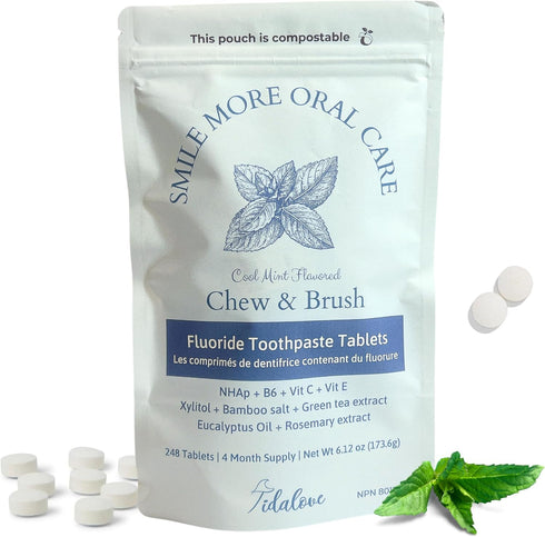 Smile More Toothpaste Tablets with Fluoride & nHAp, Vegan, Zero Waste, 248 Tablets, Cool Mint, 4 Month Supply