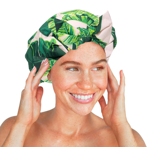 Kitsch Luxury Shower Caps, Reusable Waterproof, Large, Non-slip, Quick-dry Hair Cap, Palm Leaves Design