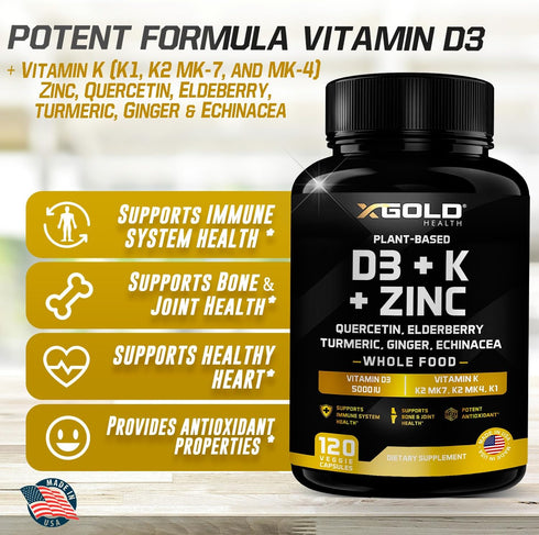 Vitamin D, K2, K1, Zinc, Quercetin, Elderberry, Turmeric, Ginger & Echinacea Whole Food Supplement - 120 Capsules