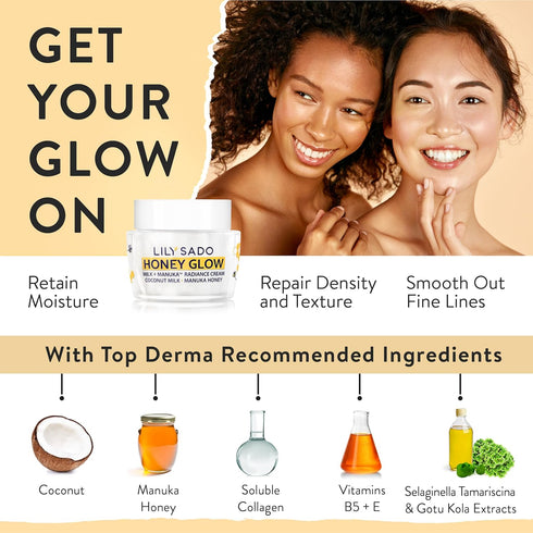 LILY SADO HONEY GLOW Radiance Cream Face Moisturizer, Natural Daily Lotion with Manuka Honey, Coconut, Apricot - 2 oz