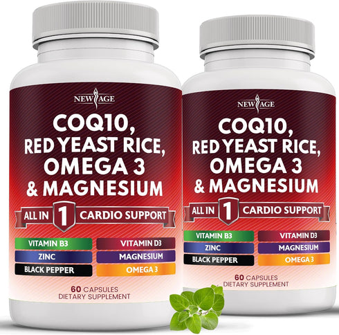 COQ10 200mg Red Yeast Rice 3000mg - Omega 3-6-9 3000mg, Magnesium Complex 500mg, Niacin, Zinc, Vitamin K2 D3 - Heart