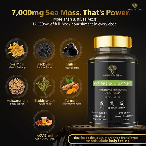 Nature's Blessing Gummies 17,590mg Sea Moss with Shilajit, Ashwagandha, Black Seed & Bladderwrack Total Blend Vegan