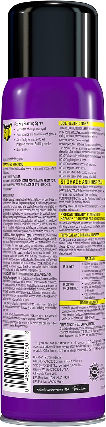 Raid Bed Bug Foaming Spray, Kills Bed Bugs and Their Eggs, for Indoor Use, Non-Staining, Keeps Killing for Weeks, 16.5 oz (Pack of 1)