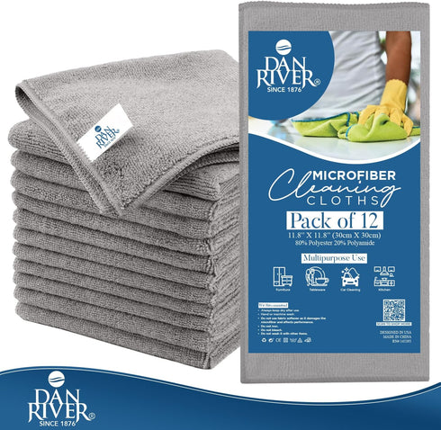 DAN RIVER Microfiber Cleaning Cloth - 12 Pack Economy Bundle, Soft & Absorbent Towels for Cars, Glasses, House, Kitchen