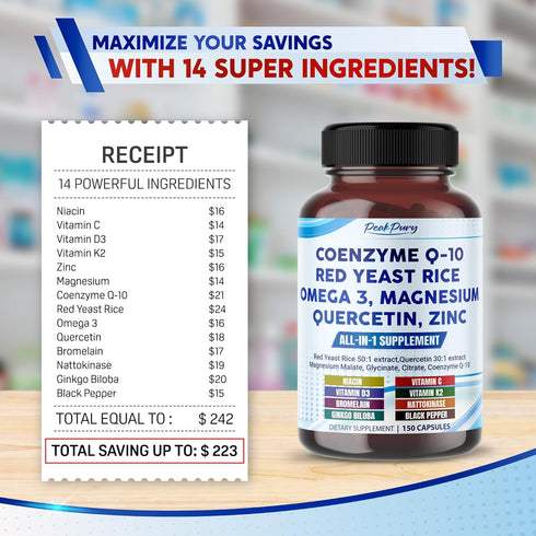 Coenzyme Q-10 200mg, Red Yeast Rice 5000mg, Quercetin 600mg, Magnesium Malate, Glycinate, Citrate - Made in USA