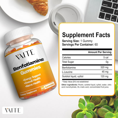 Benfotiamine Gummies with L-Leucine, Essential Vitamin B1 Complex, Non-GMO, Vegan, Gluten-Free