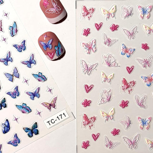Butterfly Nail Art Stickers, 5D Self-Adhesive Spring Nail Stickers, Blue Pink 3D Embossed Nail Design