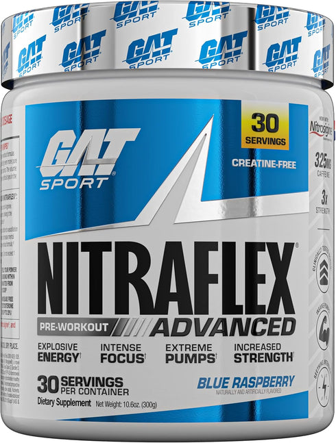GAT SPORT Nitraflex Advanced Pre-Workout Powder, Blue Raspberry, 30 Servings for Strength and Energy