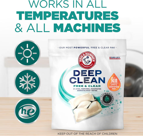 HAMMER 32 Count ARM & Deep Clean Free & Clear Laundry Detergent Power Paks, Free of Dyes and Perfumes, Dermatologist