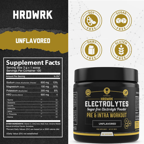 HRDWRK Electrolytes Powder - Keto Hydration Supplement, Sugar Free with Magnesium, Potassium - 100 Servings