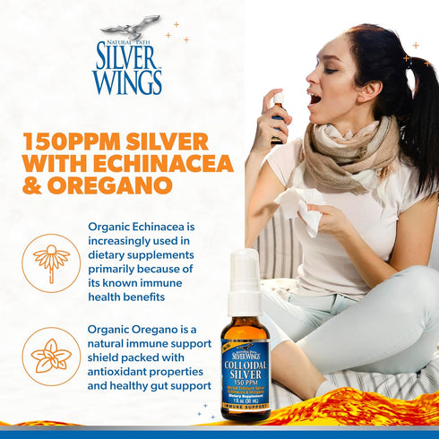 Natural Path Silver Wings Colloidal Silver 150ppm (750mcg) with Echinacea & Oregano Immune Support Spray