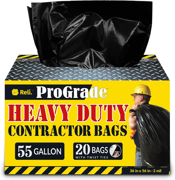 Reli. Contractor Trash Bags (55 Gallon, 20 Bags w/Ties) - Heavy Duty Industrial Garbage Bags, Extra Large, Black