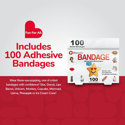 BioSwiss Assorted Animal Bandages - Fun and Food Shaped Self Adhesive Latex Free Sterile Wound Care, 100 Count
