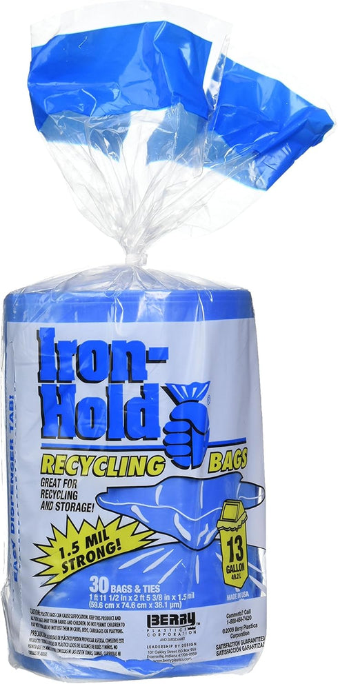 Iron Hold Recycling Bags, 13 Gal, 0.70mil Blue, 30 Bags/Box