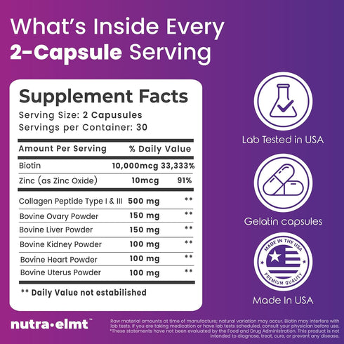 NUTRA ELMT 5 60 Beef Organ Supplement for Women (Made in USA) Enhanced w Biotin, Collagen Peptides & Zinc - Organ Blend