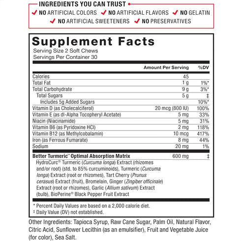 Force Factor Better Turmeric Joint Support Supplement, HydroCurc Turmeric Curcumin with Black Pepper, Fruit Splash, 60