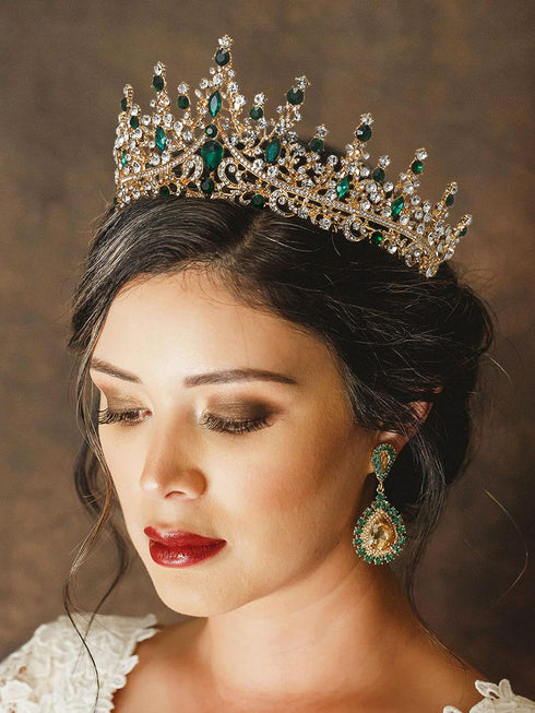SWEETV Green Gold Tiara Crown - Crystal Hair Accessories for Women & Girls, Queen Crown for Quinceanera, Prom